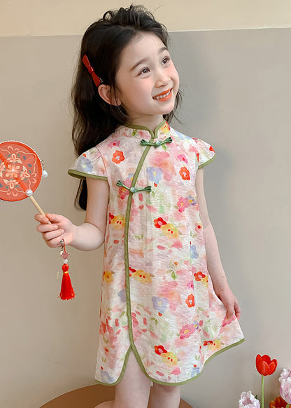 Lovely Pink Stand Collar Patchwork Kids Mid Dresses Short Sleeve MN016