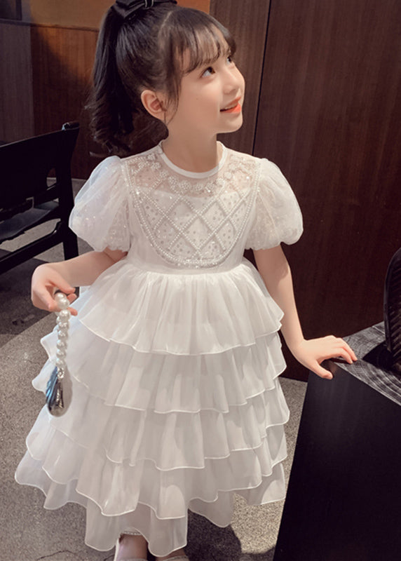 Lovely White Patchwork Sequins Tulle Kids Long Cake Dresses Summer XZ033