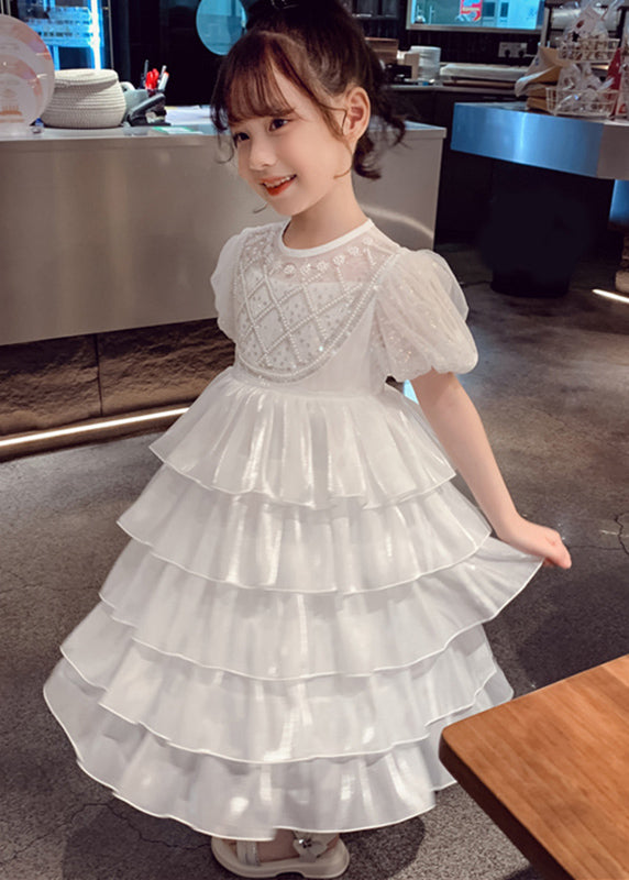 Lovely White Patchwork Sequins Tulle Kids Long Cake Dresses Summer XZ033