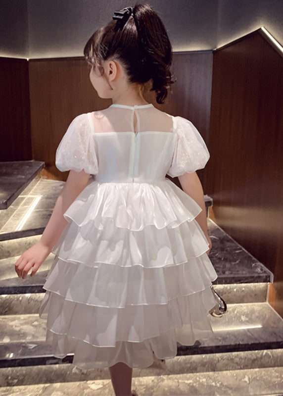 Lovely White Patchwork Sequins Tulle Kids Long Cake Dresses Summer XZ033