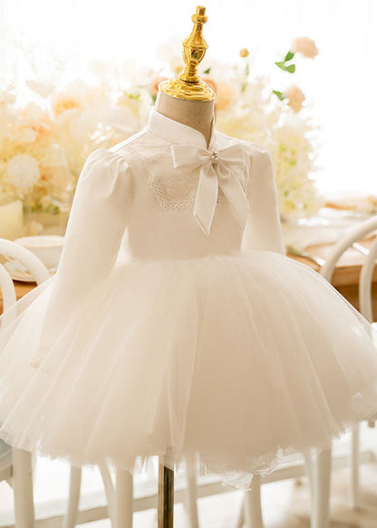 Lovely White Stand Collar Bow Tulle Kids Long Dresses Puff Sleeve YS010