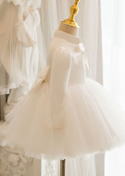 Lovely White Stand Collar Bow Tulle Kids Long Dresses Puff Sleeve YS010