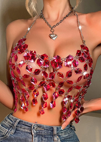 Tank Tassel Luxury Halter Summer Rhinestone Rose