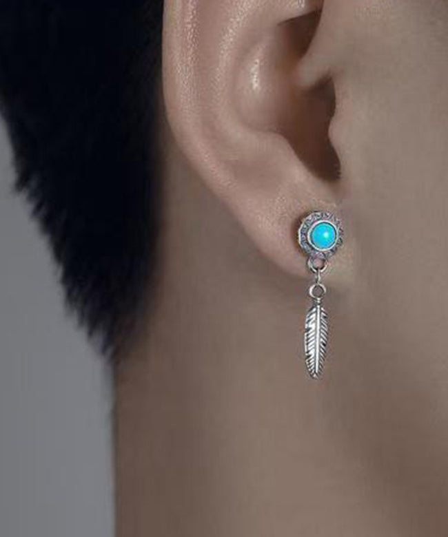 Men Blue Sterling Silver Turquoise Feather Stud Earrings QJ008