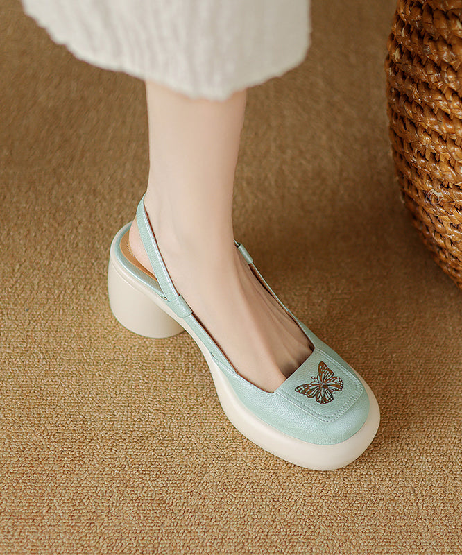 Splicing Sandals Sheepskin New Chunky Heel Green Mint