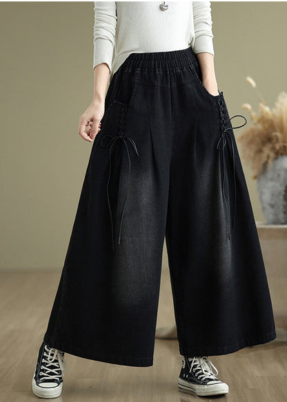 Black Wide Cross Strap Pants Denim Modern Summer Leg