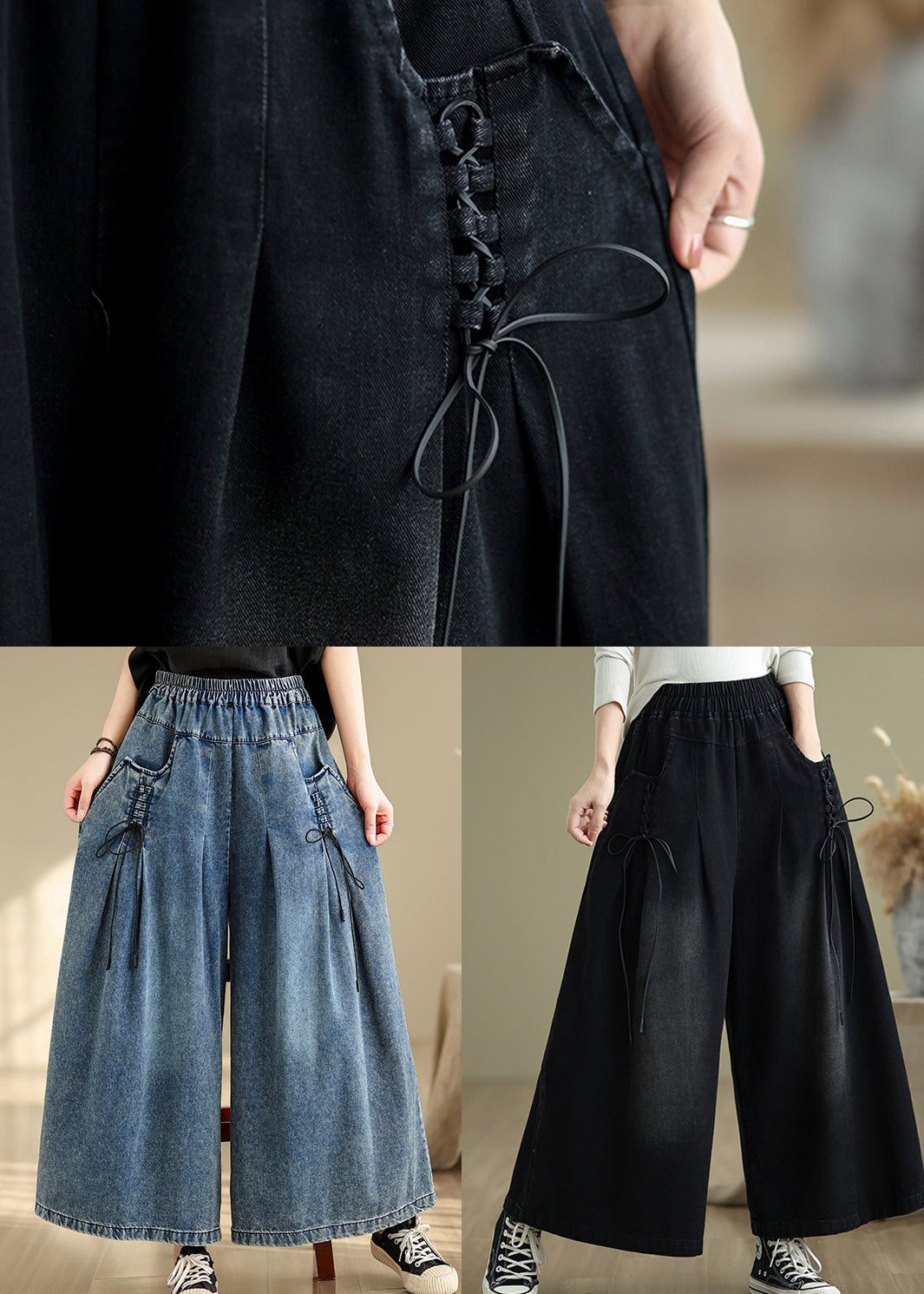 Black Wide Cross Strap Pants Denim Modern Summer Leg
