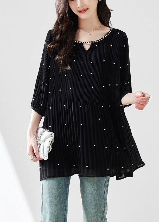 Modern Top O-Neck Sleeve Silk Nail Half Black Bead