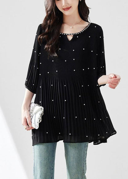 Modern Top O-Neck Sleeve Silk Nail Half Black Bead