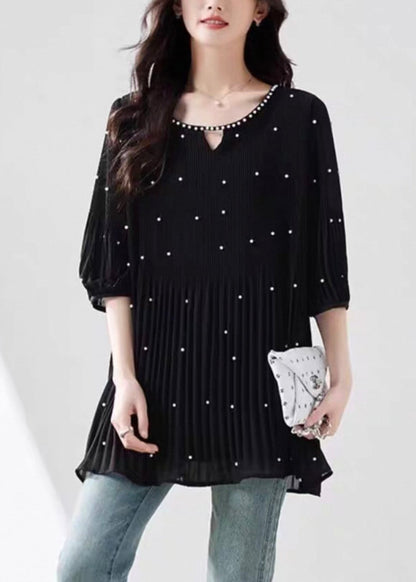 Modern Top O-Neck Sleeve Silk Nail Half Black Bead