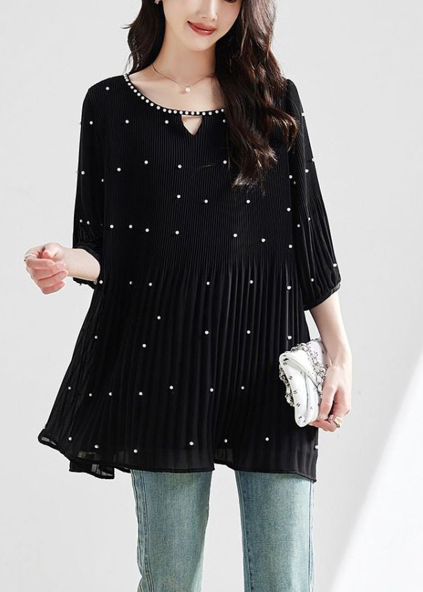 Modern Top O-Neck Sleeve Silk Nail Half Black Bead