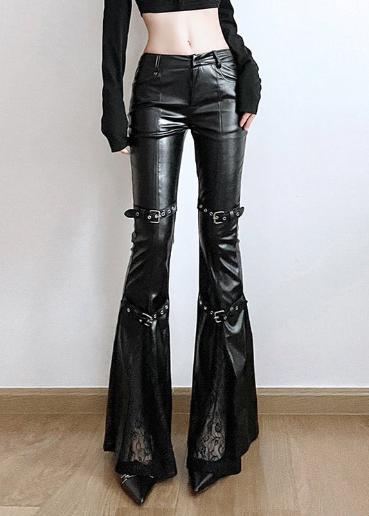 Modern Black Patchwork Lace Faux Leather Flare Bottoms Spring YP010