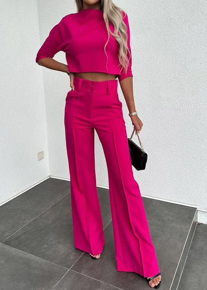 Modern Set Pants Solid And Wide Pieces Leg Black Top Two Fall