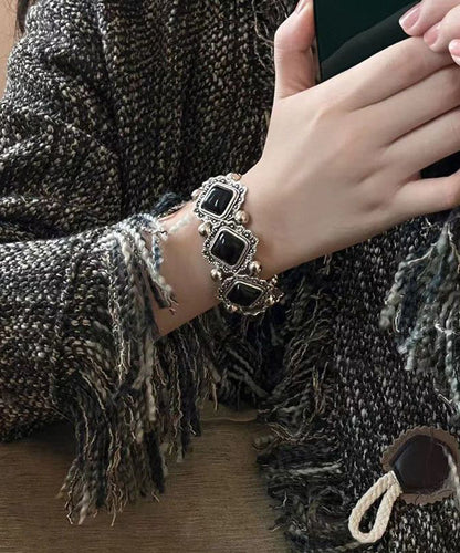 Gem Sterling Silver Stone Modern Two-Piece Black Chain Set Floral