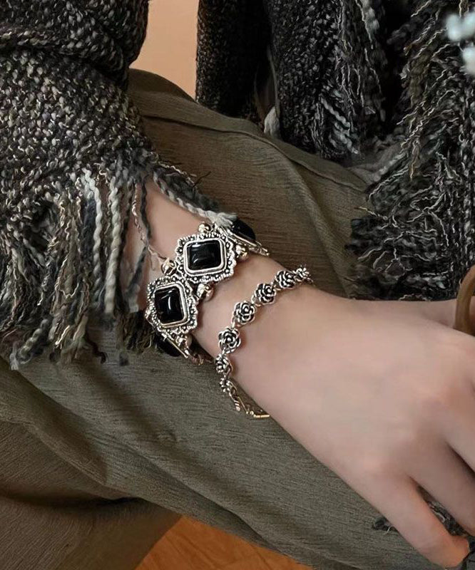 Gem Sterling Silver Stone Modern Two-Piece Black Chain Set Floral