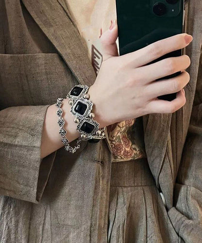 Gem Sterling Silver Stone Modern Two-Piece Black Chain Set Floral