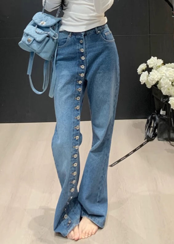 Asymmetrical Blue Pants Waist Straight Denim High Modern Button