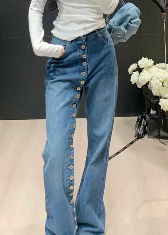Asymmetrical Blue Pants Waist Straight Denim High Modern Button