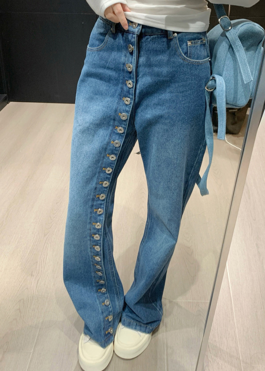 Asymmetrical Blue Pants Waist Straight Denim High Modern Button