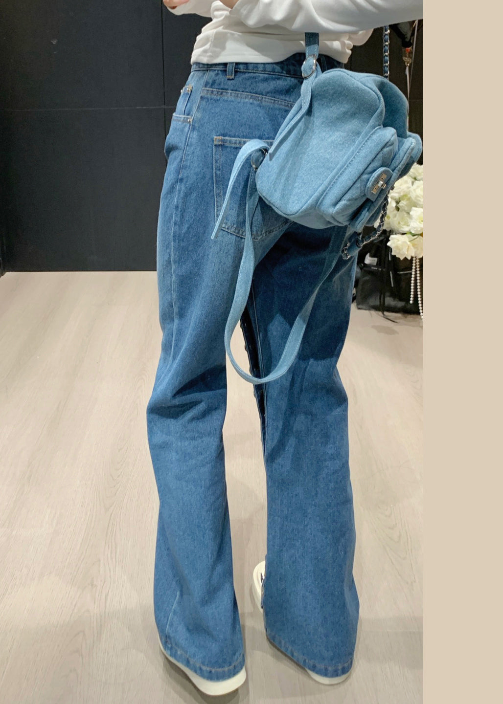 Asymmetrical Blue Pants Waist Straight Denim High Modern Button