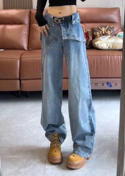 High Blue Waist Pants Spring Asymmetrical Modern Denim