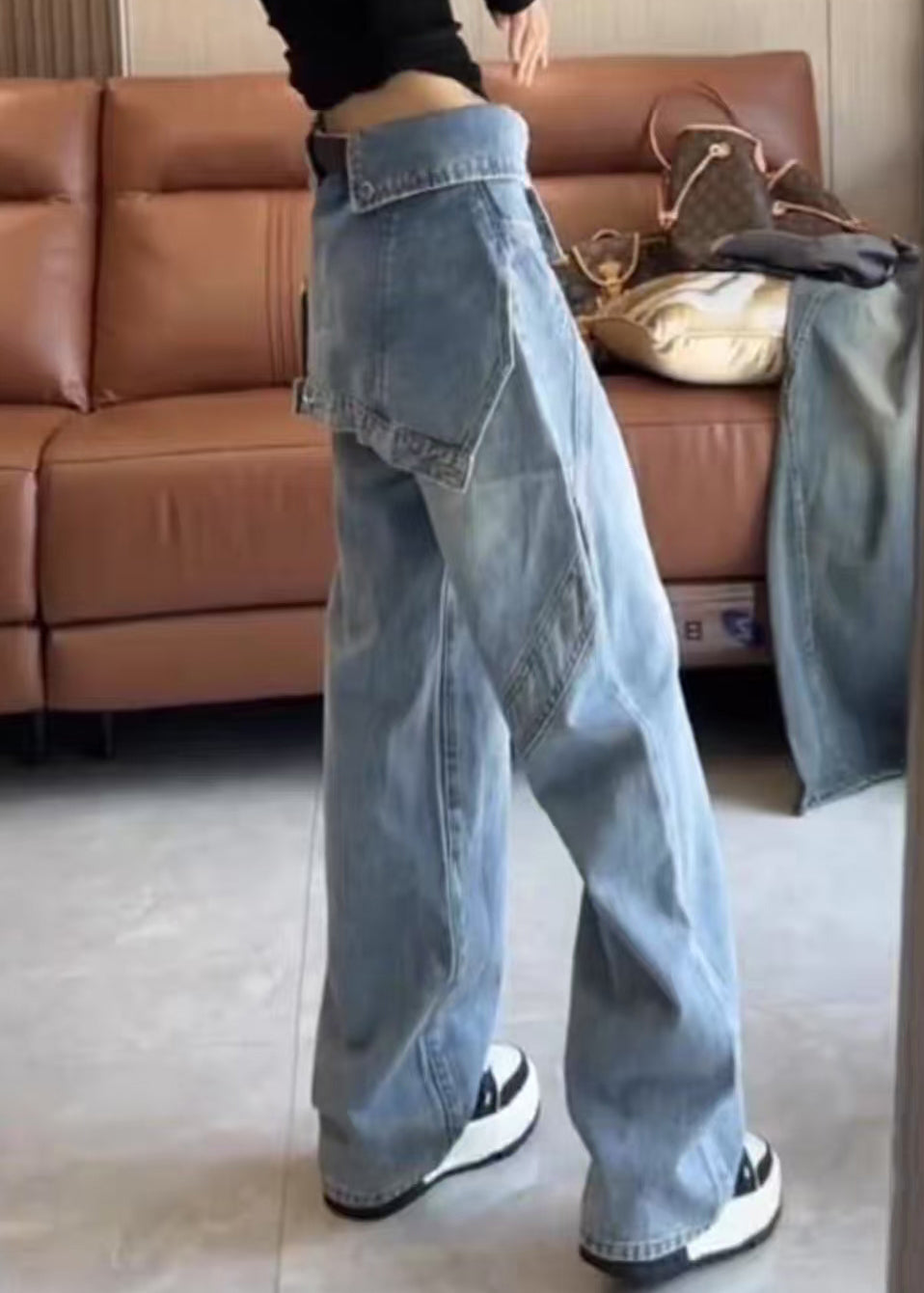 High Blue Waist Pants Spring Asymmetrical Modern Denim