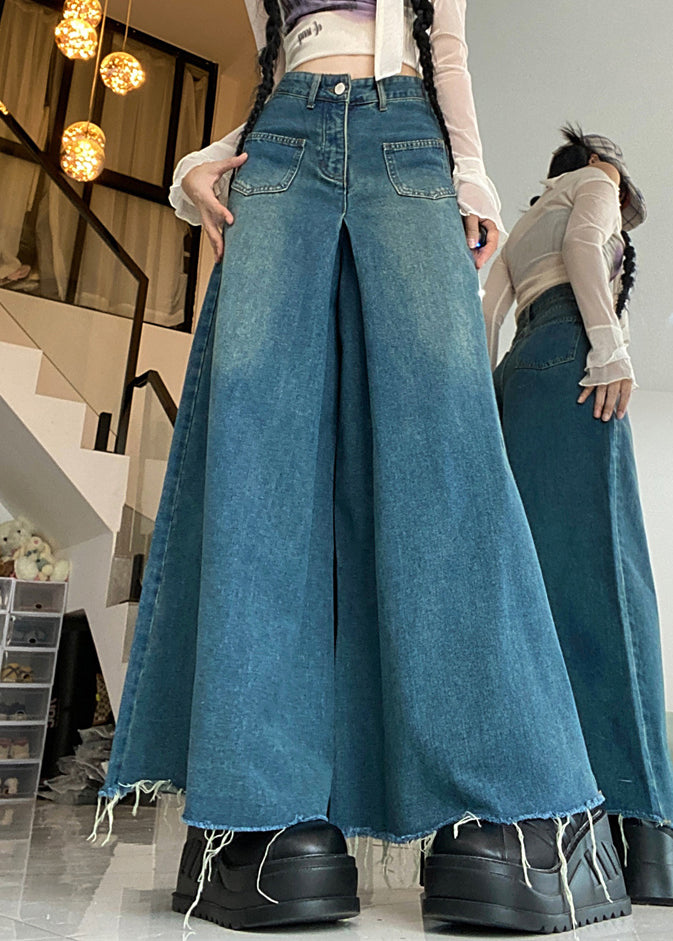 Pantalon en jean taille haute avec poches à boutons bleu moderne Automne PP012