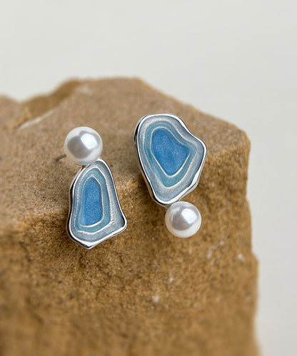 Modern Glaze Copper Pearl Stud Blue Earrings Drip