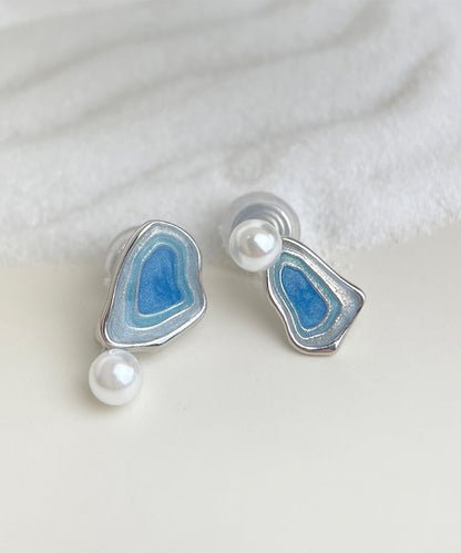 Modern Glaze Copper Pearl Stud Blue Earrings Drip