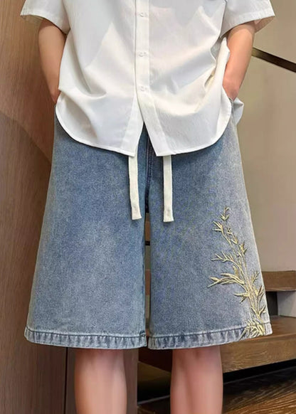 Denim Men Summer Embroideried Blue Modern Waist Elastic Shorts