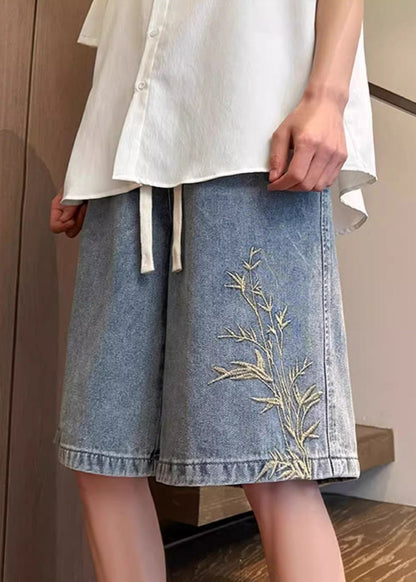 Denim Men Summer Embroideried Blue Modern Waist Elastic Shorts