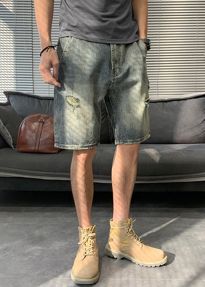 Modern Blue Hole Pockets Denim Mens Shorts Summer YL016