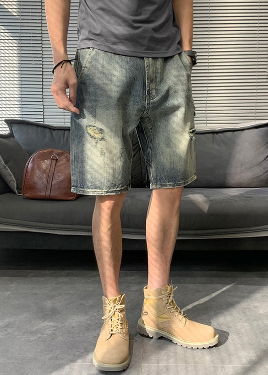 Modern Blue Hole Pockets Denim Mens Shorts Summer YL016