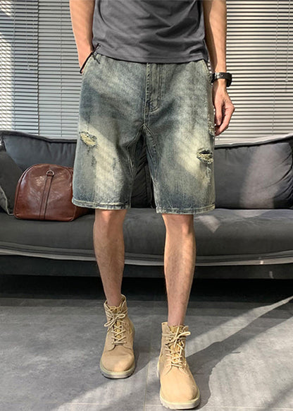Modern Blue Hole Pockets Denim Mens Shorts Summer YL016