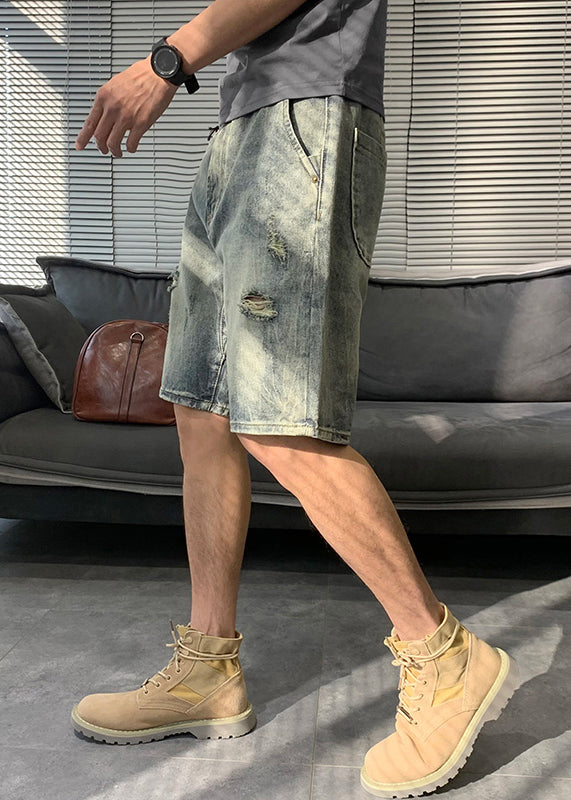 Modern Blue Hole Pockets Denim Mens Shorts Summer YL016