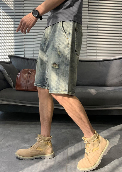 Modern Blue Hole Pockets Denim Mens Shorts Summer YL016