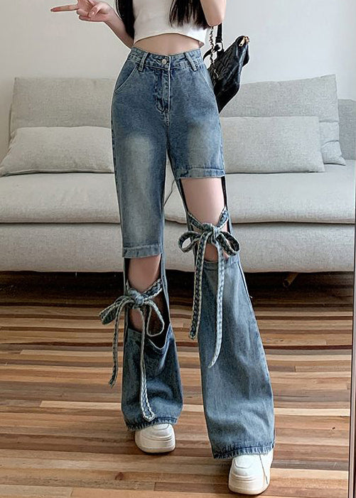 Spring Denim Hollow Pants Modern Blue Lace Out Up