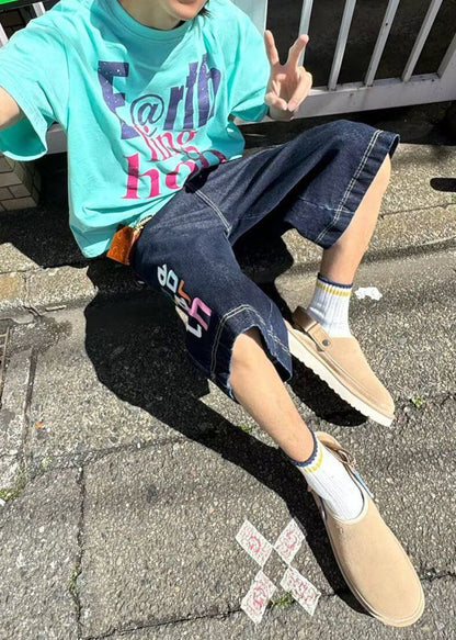 High Crop Blue Letter Summer Waist Mens Modern Denim Pants