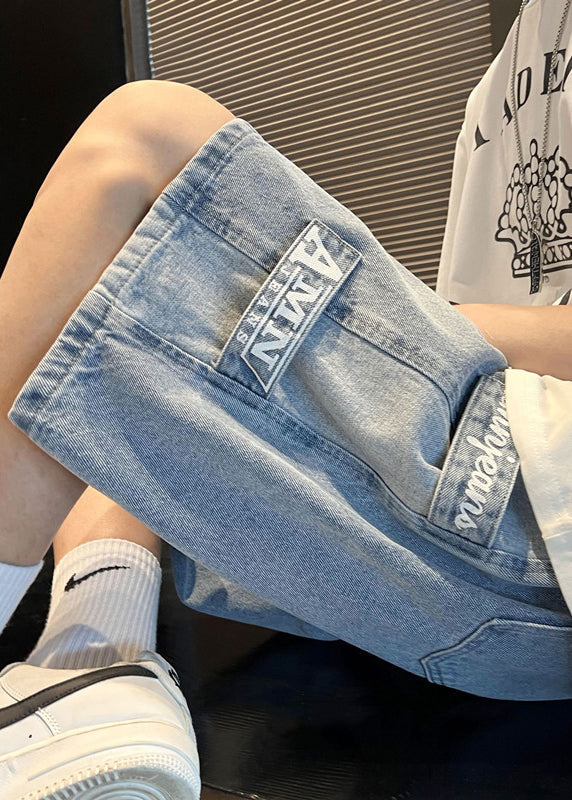 Modern Blue Letter Pockets Patchwork Denim Men Shorts Summer YL032