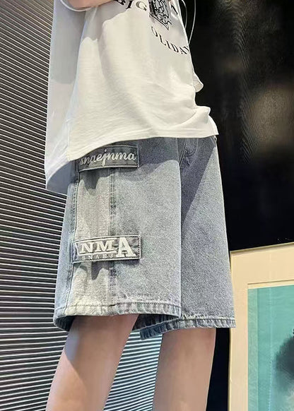 Modern Blue Letter Pockets Patchwork Denim Men Shorts Summer YL032