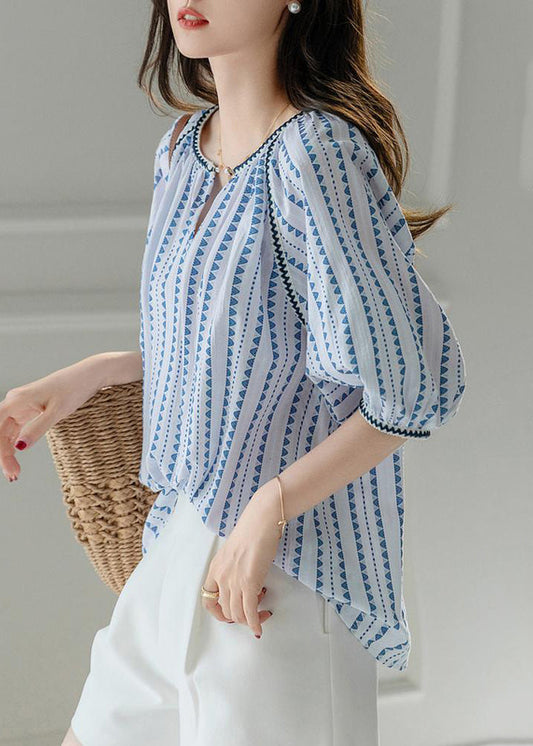 Modern Blue O-Neck Chiffon Print Shirts Puff Sleeve WW004