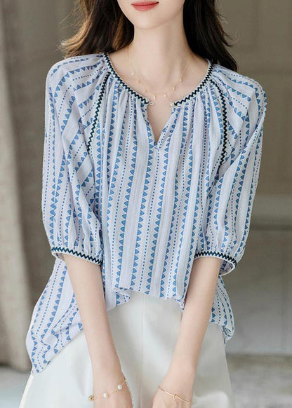 Modern Blue O-Neck Chiffon Print Shirts Puff Sleeve WW004