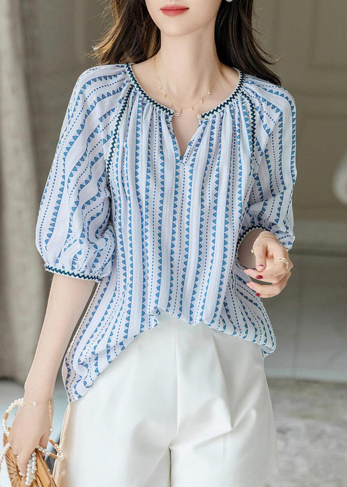 Modern Blue O-Neck Chiffon Print Shirts Puff Sleeve WW004