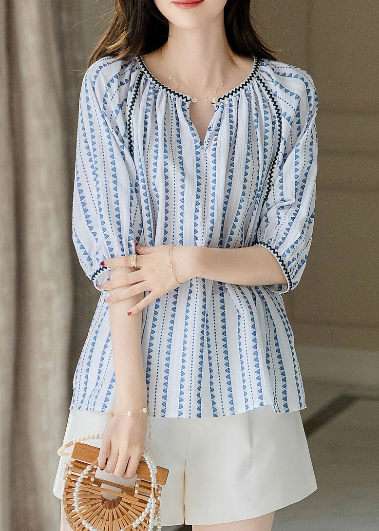 Modern Blue O-Neck Chiffon Print Shirts Puff Sleeve WW004