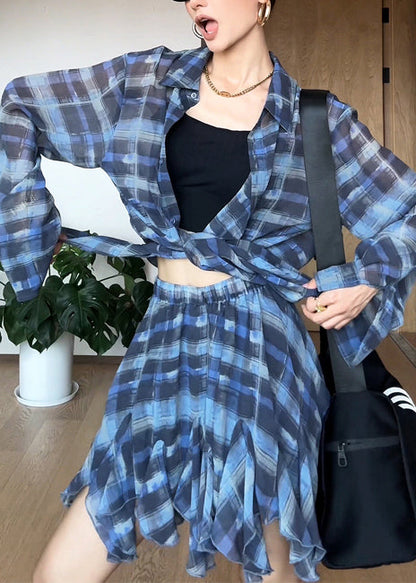 Chiffon Piece Outfits Summer Two Set Blue Plaid Modern Oversized