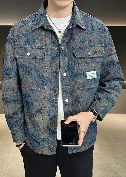 Blue TC050 Denim Spring Modern Button Peter Collar Men Coat Pan