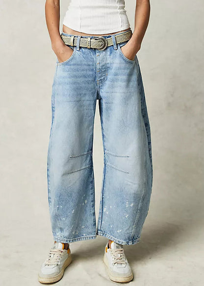 Waist Denim Pants Modern Blue Crop High Summer Pockets