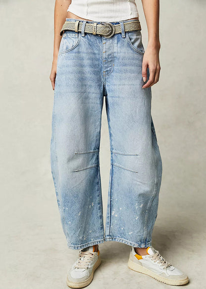 Waist Denim Pants Modern Blue Crop High Summer Pockets