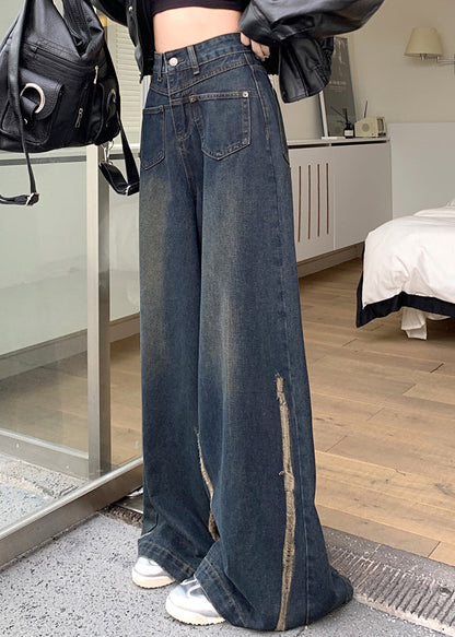 Pantalon large en denim taille haute à poches bleues modernes pour l'automne PP041