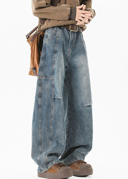 Pockets Pants Waist High Blue Summer Denim Men Modern Patchwork